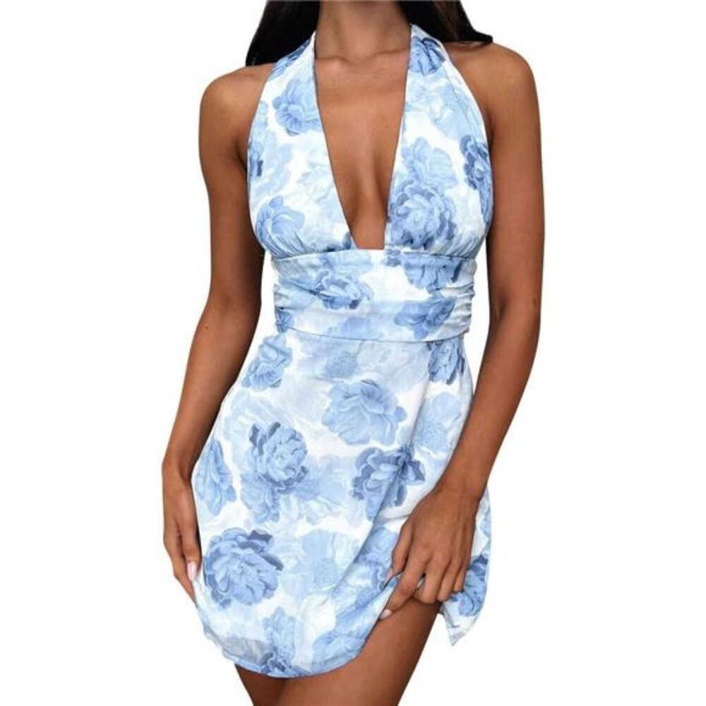 Blue Luxe Dress Halter Deep V Neck Flowy Chiffon Bow Tie Backless Summer Mini - Picture 1 of 7